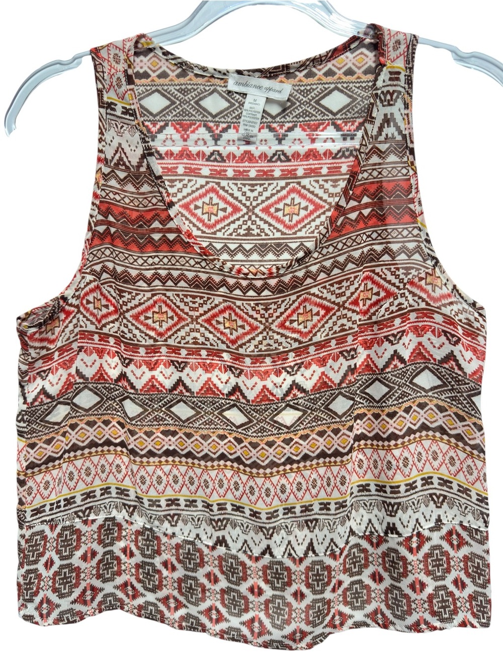 Silky Chiffon Sheer Knit Aztec Boho Gypsy Babydoll Crop Tank Top Blouse